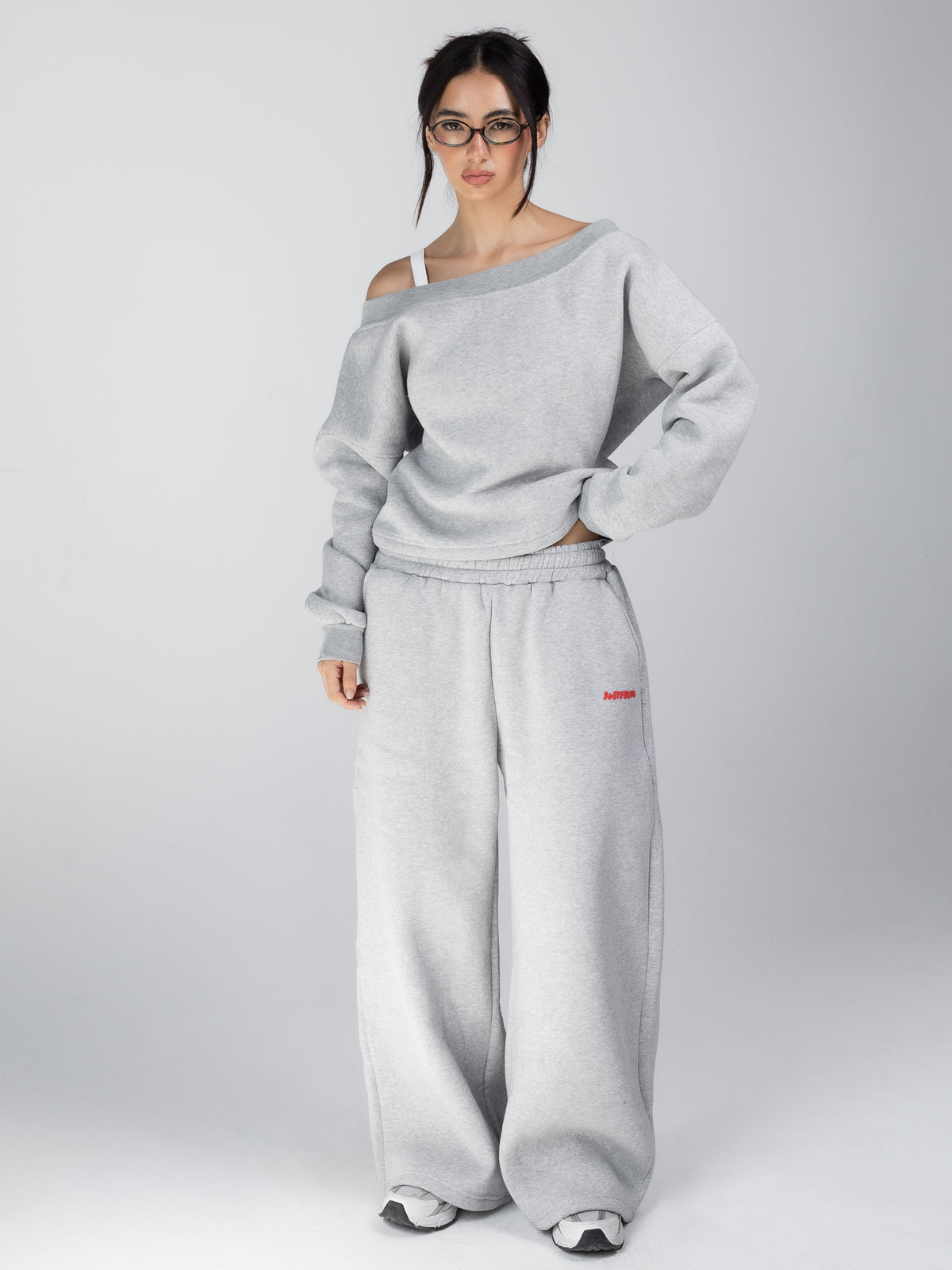 Wide Leg Sweats - Grey - grey off shoulder outfit